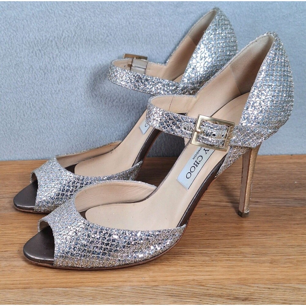 Jimmy Choo Women's US 8.5 EU 38.5 Silver Glitter Strappy Peep Toe Stiletto Heels